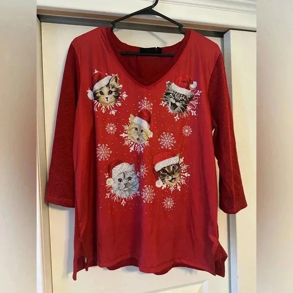 Onque Casual Red Sparkle Cat Embellished Holiday Ugly Christmas Sweater Women XL